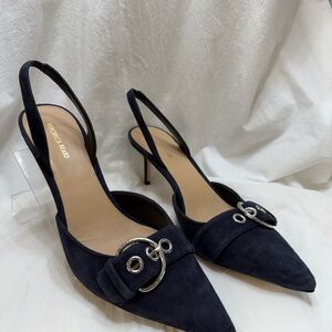 Veronica Beard Navy Slingback Heels with Silver Accents
